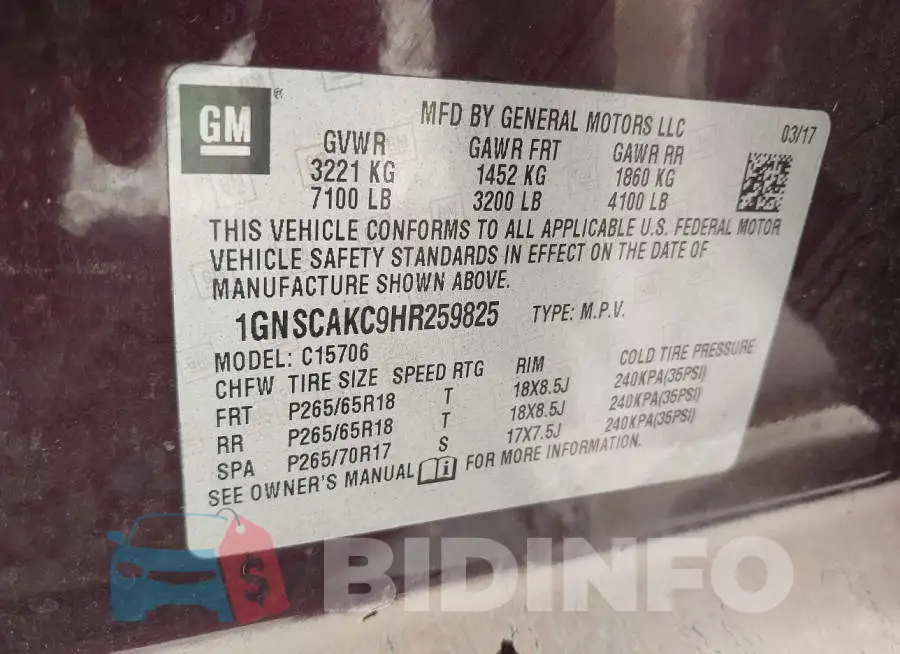 1GNSCAKC9HR259825 Photo# 9