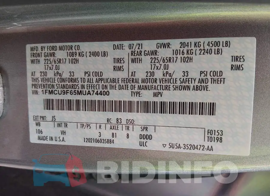 1FMCU9F65MUA74400 Photo# 9
