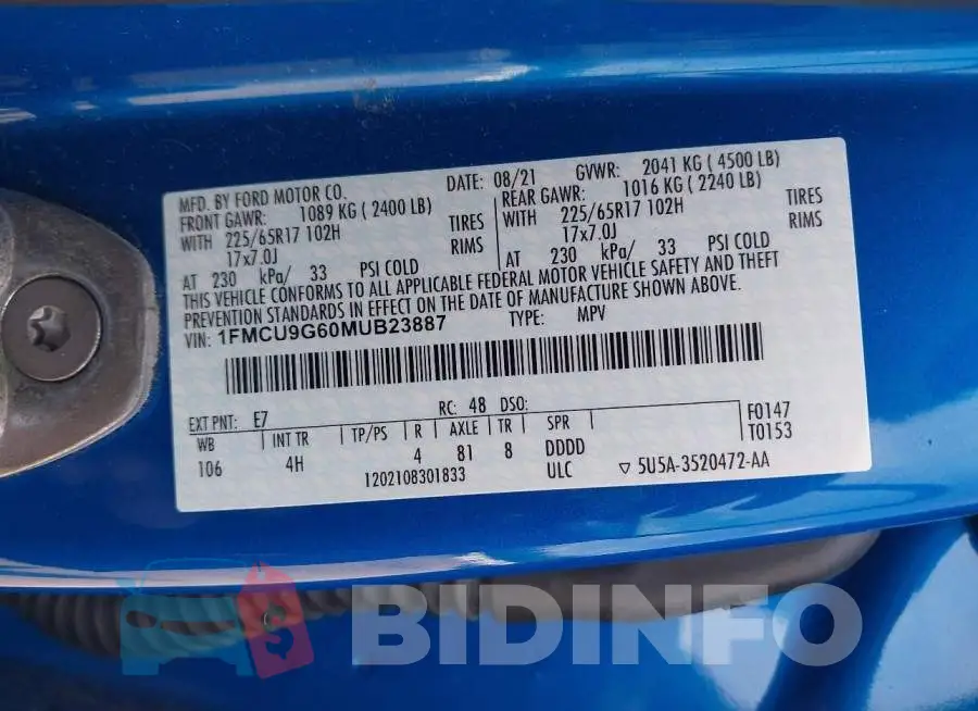 1FMCU9G60MUB23887 Photo# 9
