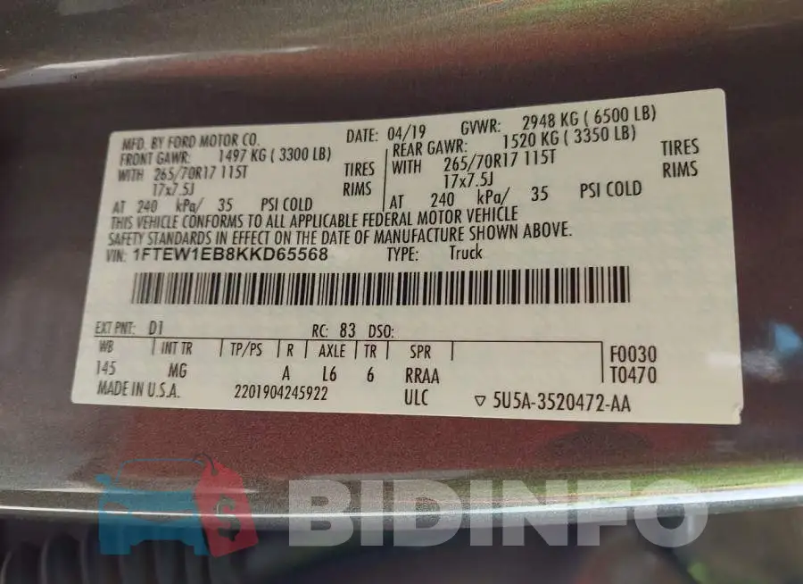 1FTEW1EB8KKD65568 Photo# 9