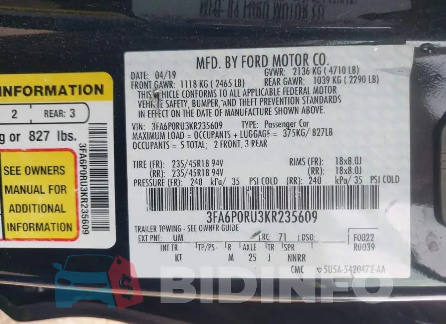 3FA6P0RU3KR235609 Photo# 9