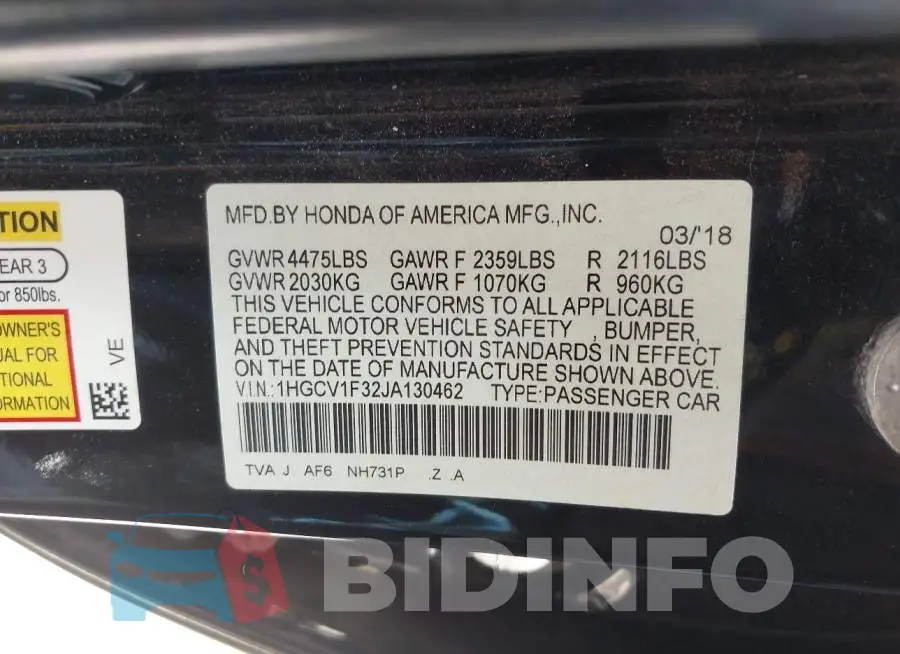1HGCV1F32JA130462 Photo# 9