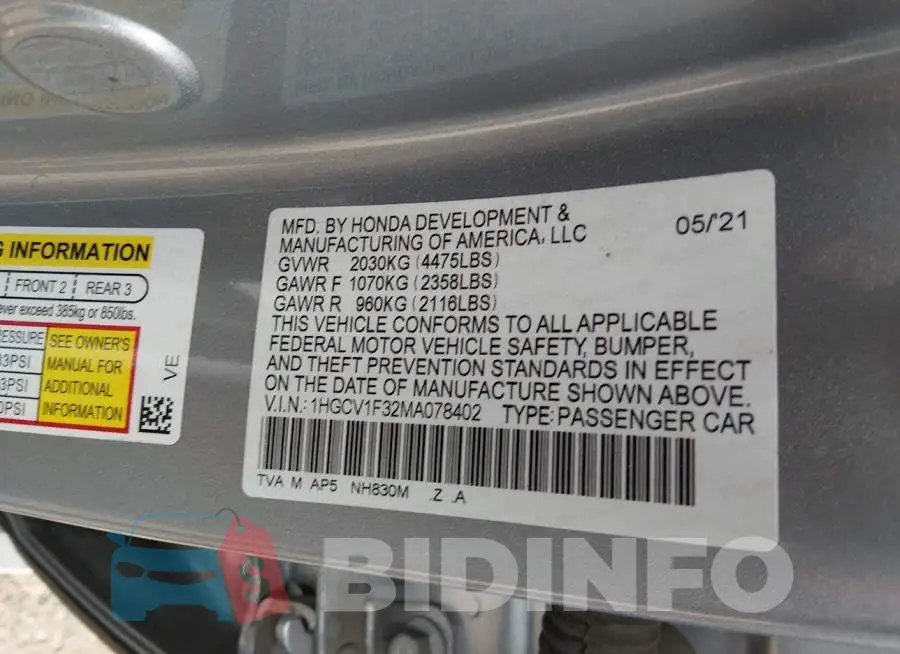 1HGCV1F32MA078402 Photo# 9