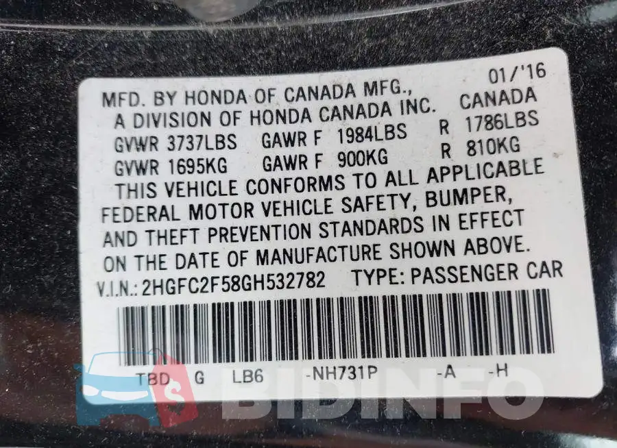 2HGFC2F58GH532782 Photo# 9