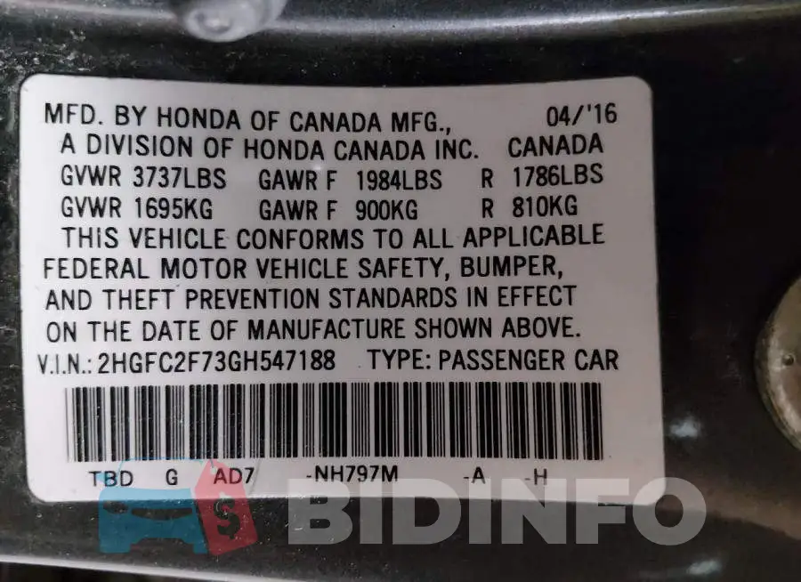 2HGFC2F73GH547188 Photo# 9
