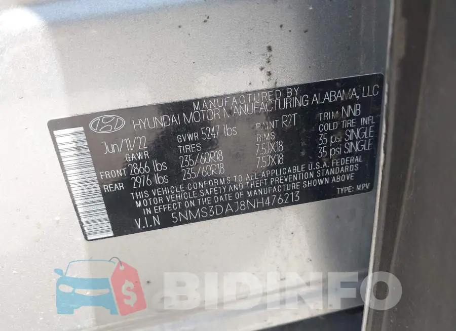 5NMS3DAJ8NH476213 Photo# 9