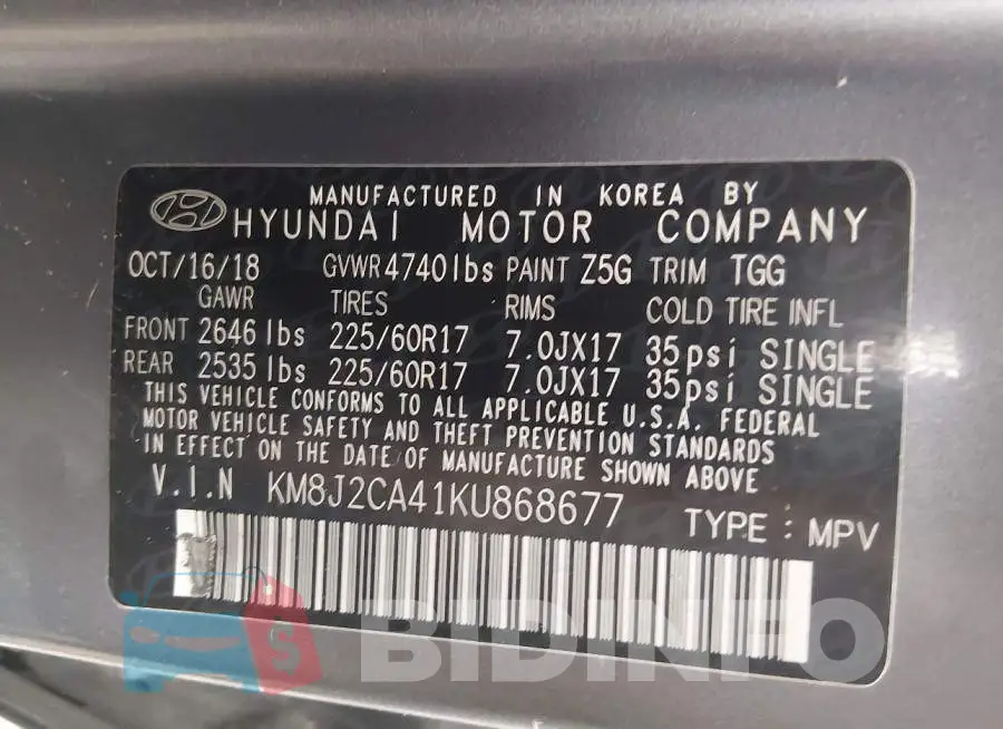 KM8J2CA41KU868677 Photo# 9
