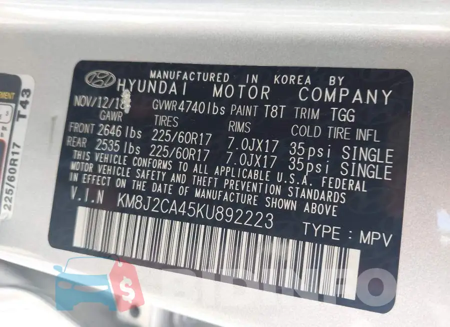 KM8J2CA45KU892223 Photo# 9