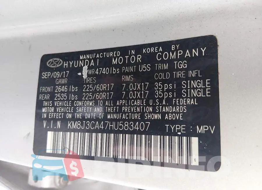 KM8J3CA47HU583407 Photo# 9