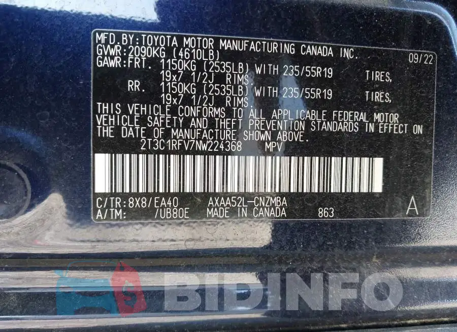 2T3C1RFV7NW224368 Photo# 9