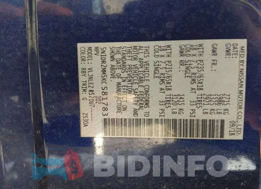 5N1DR2MM5KC581783 Photo# 9