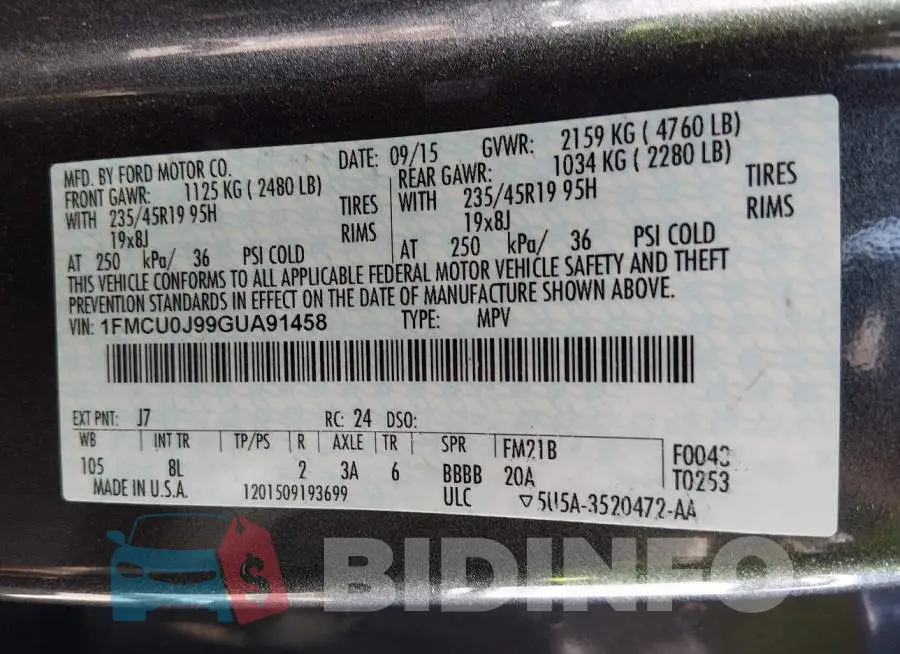 1FMCU0J99GUA91458 Photo# 9