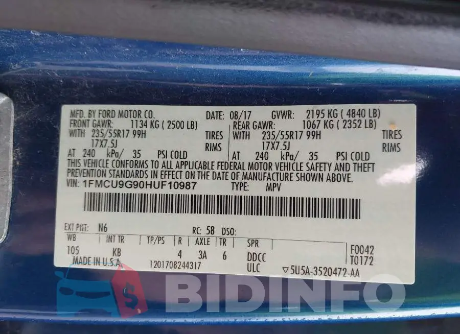 1FMCU9G90HUF10987 Photo# 9