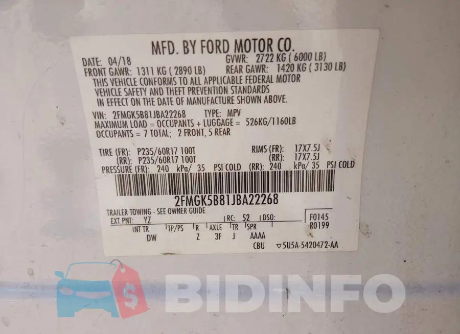 2FMGK5B81JBA22268 Photo# 9