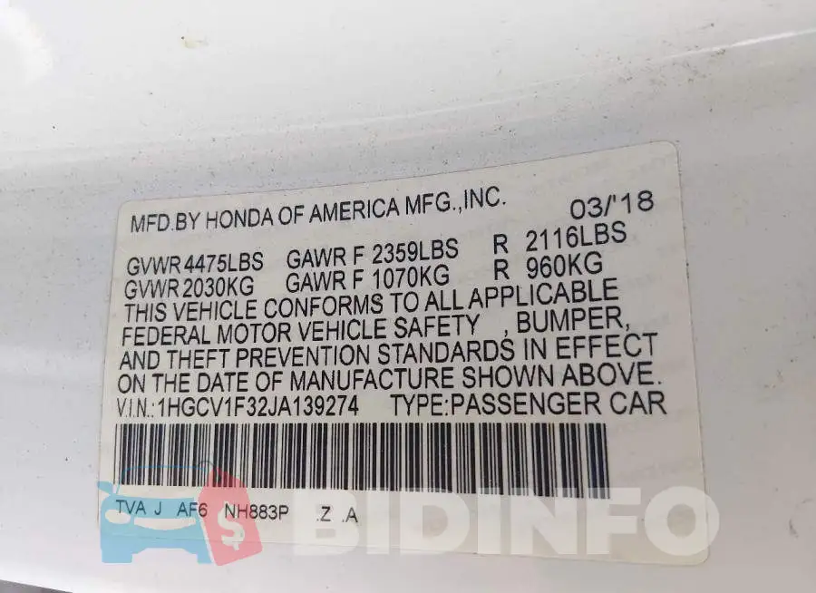 1HGCV1F32JA139274 Photo# 9