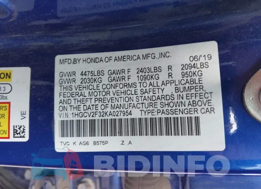 1HGCV2F32KA027954 Photo# 9