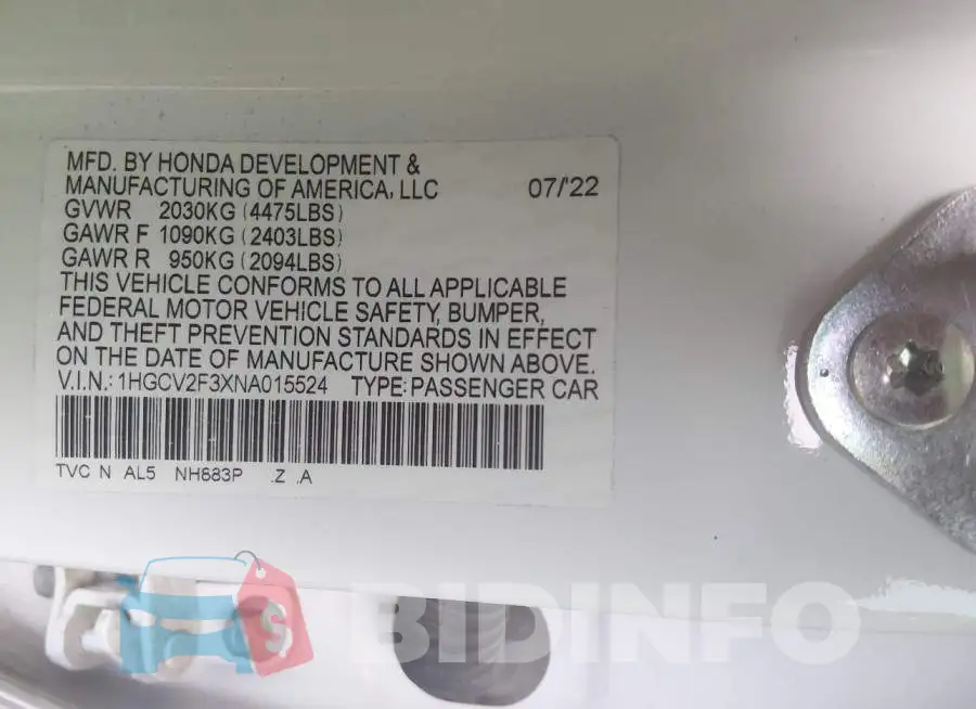 1HGCV2F3XNA015524 Photo# 9