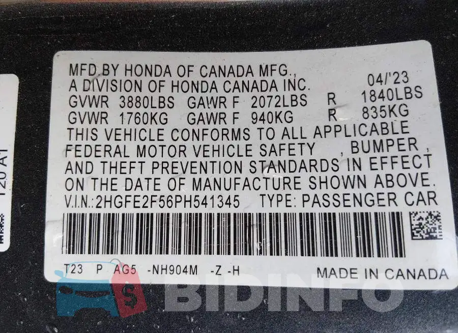 2HGFE2F56PH541345 Photo# 9