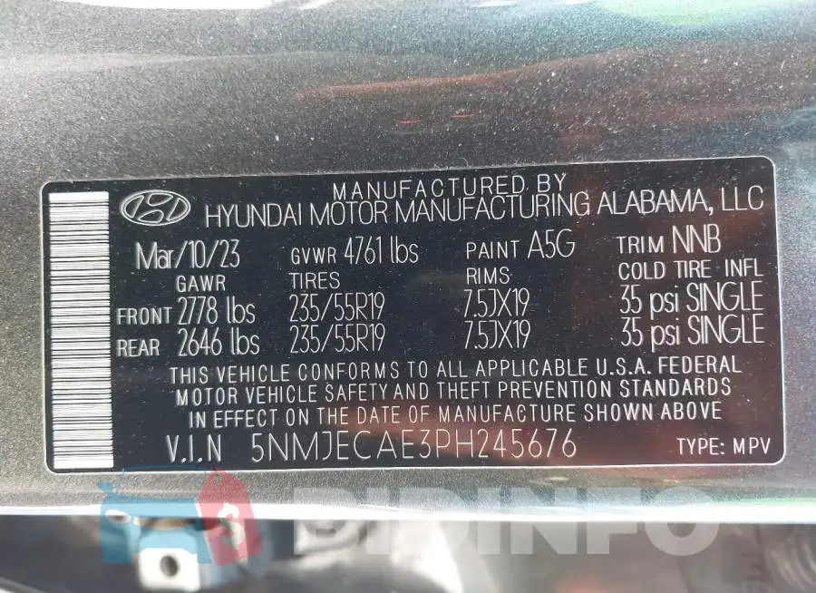 5NMJECAE3PH245676 Photo# 9