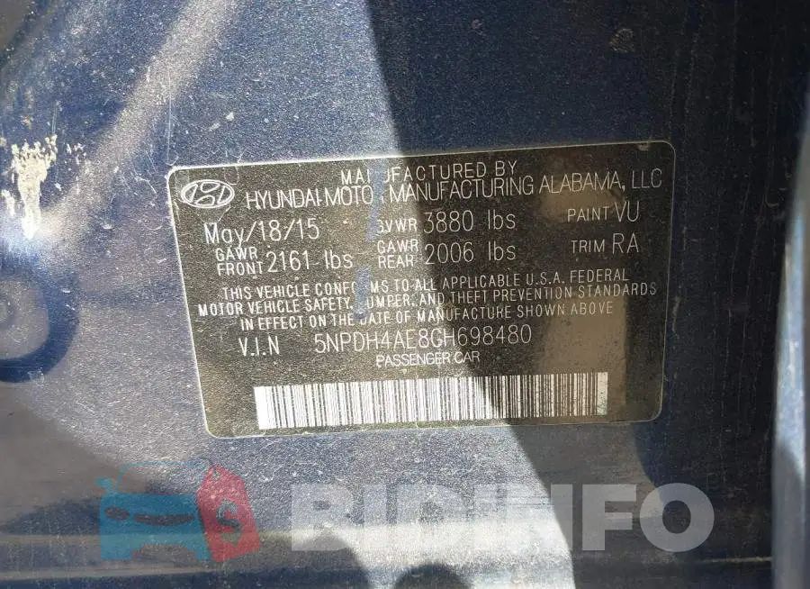 5NPDH4AE8GH698480 Photo# 9