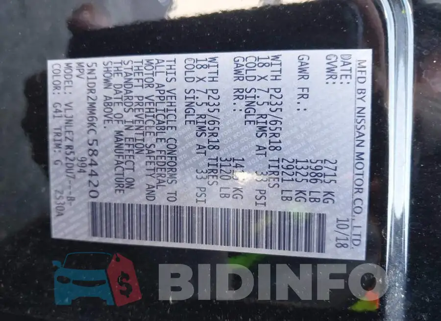 5N1DR2MM6KC584420 Photo# 9