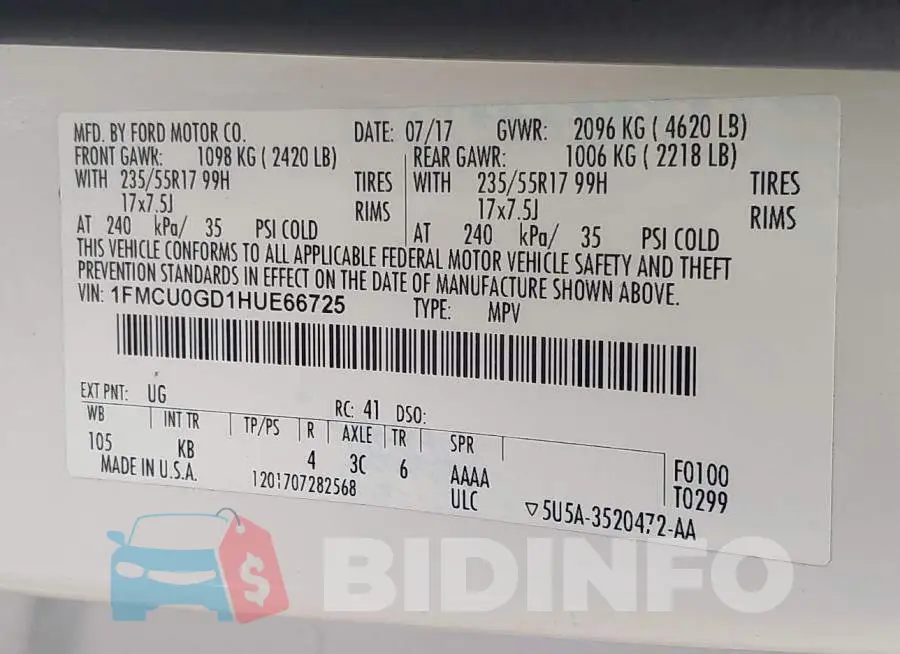 1FMCU0GD1HUE66725 Photo# 9