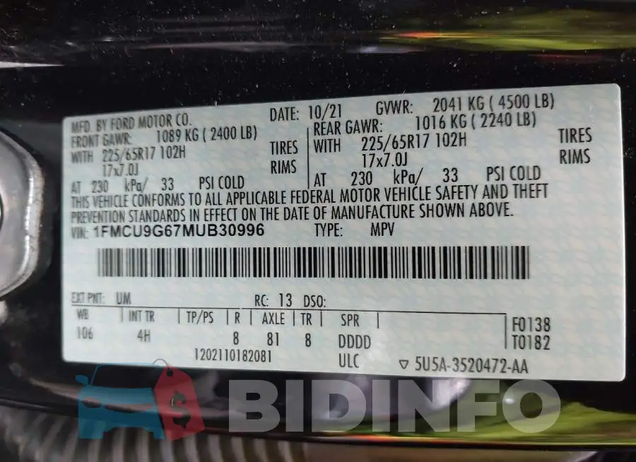1FMCU9G67MUB30996 Photo# 9