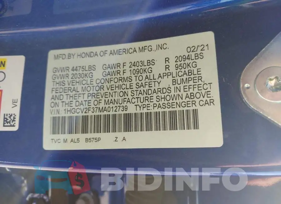 1HGCV2F37MA012739 Photo# 9