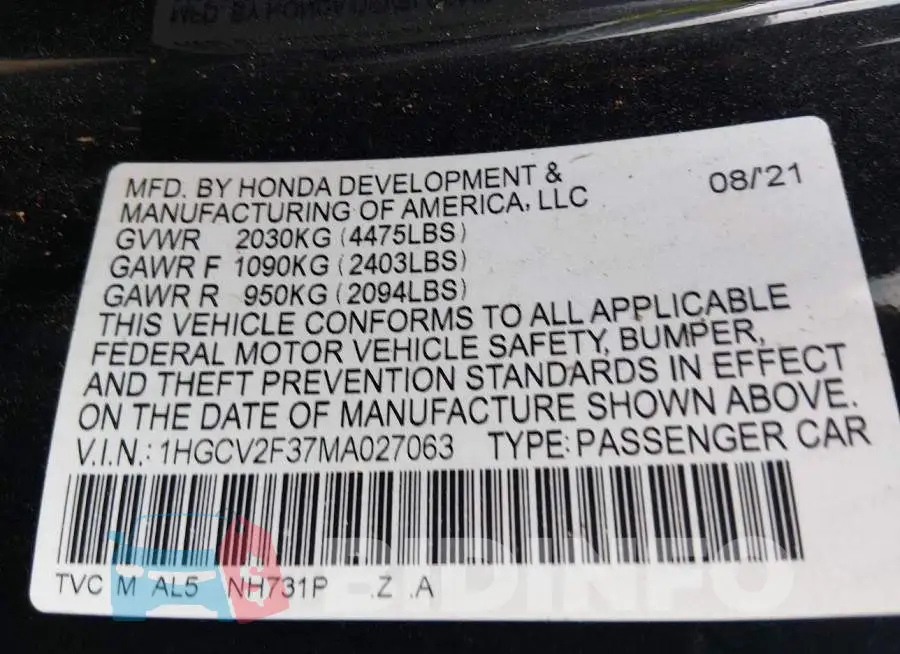 1HGCV2F37MA027063 Photo# 9