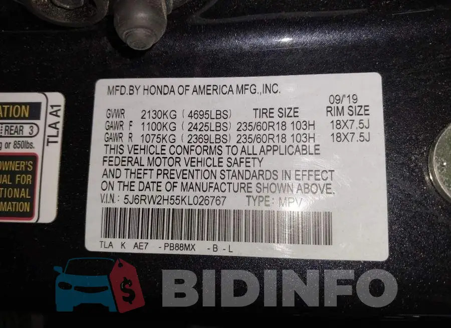 5J6RW2H55KL026767 Photo# 8