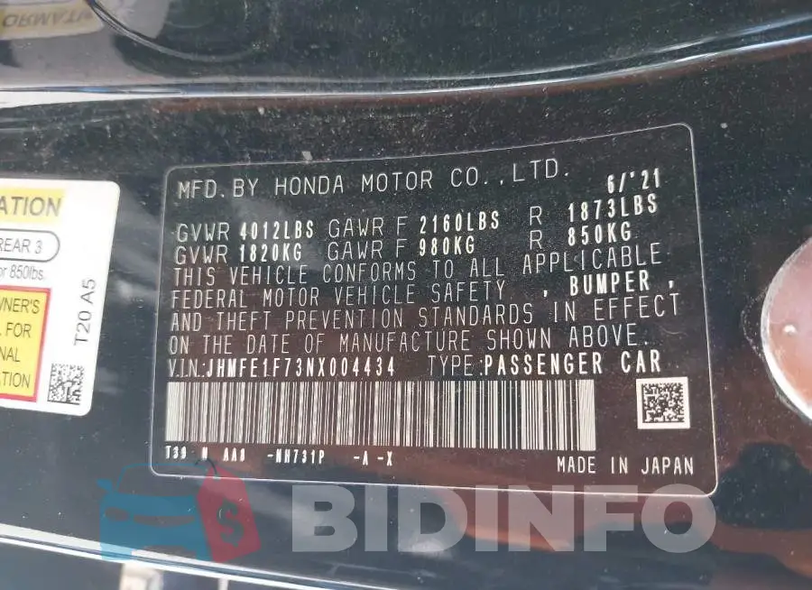 JHMFE1F73NX004434 Photo# 9