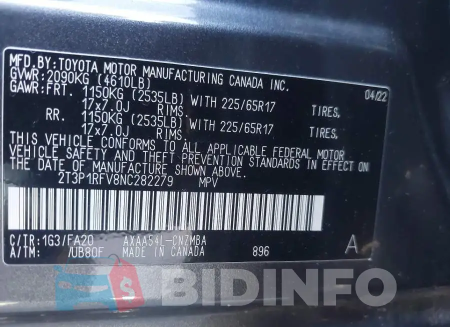 2T3P1RFV8NC282279 Photo# 9