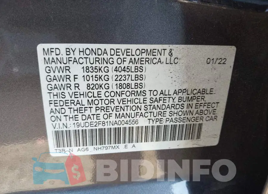 19UDE2F81NA004556 Photo# 9