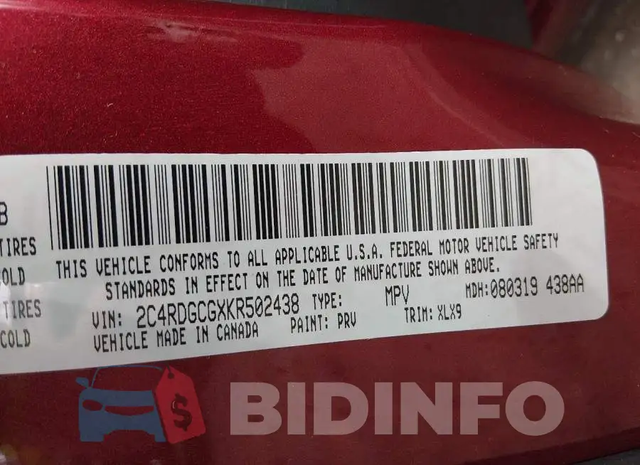2C4RDGCGXKR502438 Photo# 9