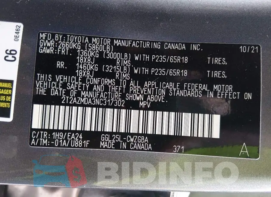 2T2AZMDA3NC317302 Photo# 9