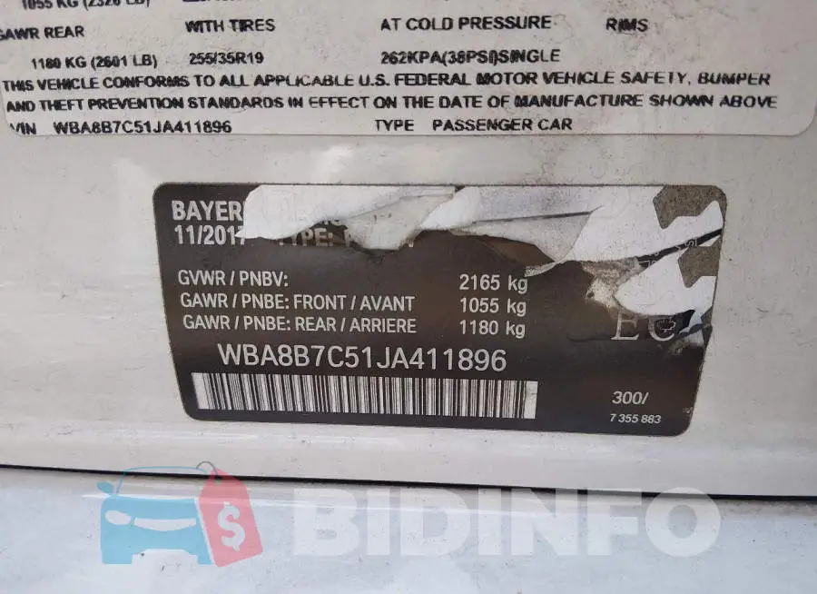 WBA8B7C51JA411896 Photo# 9