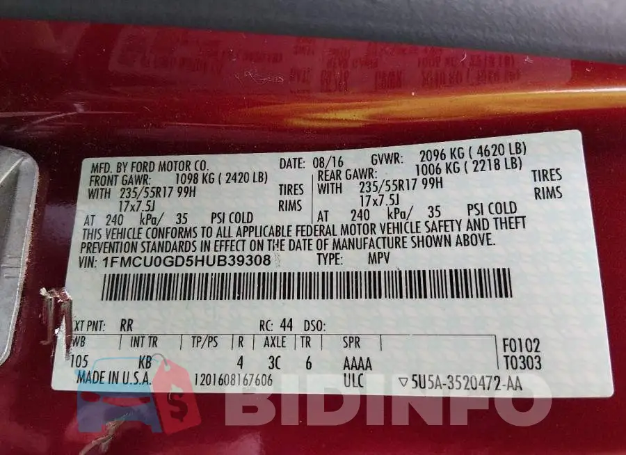 1FMCU0GD5HUB39308 Photo# 9