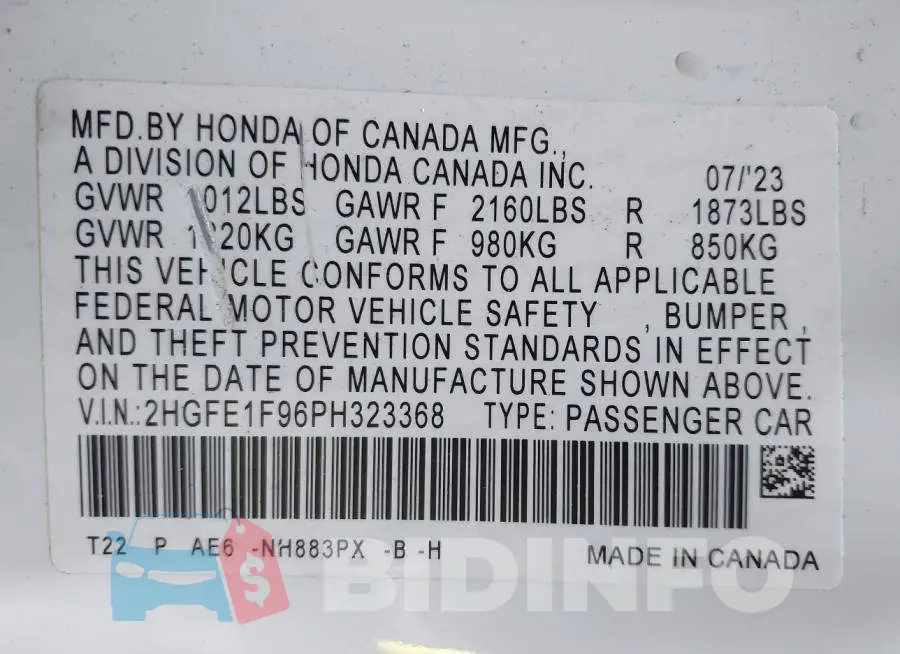 2HGFE1F96PH323368 Photo# 9