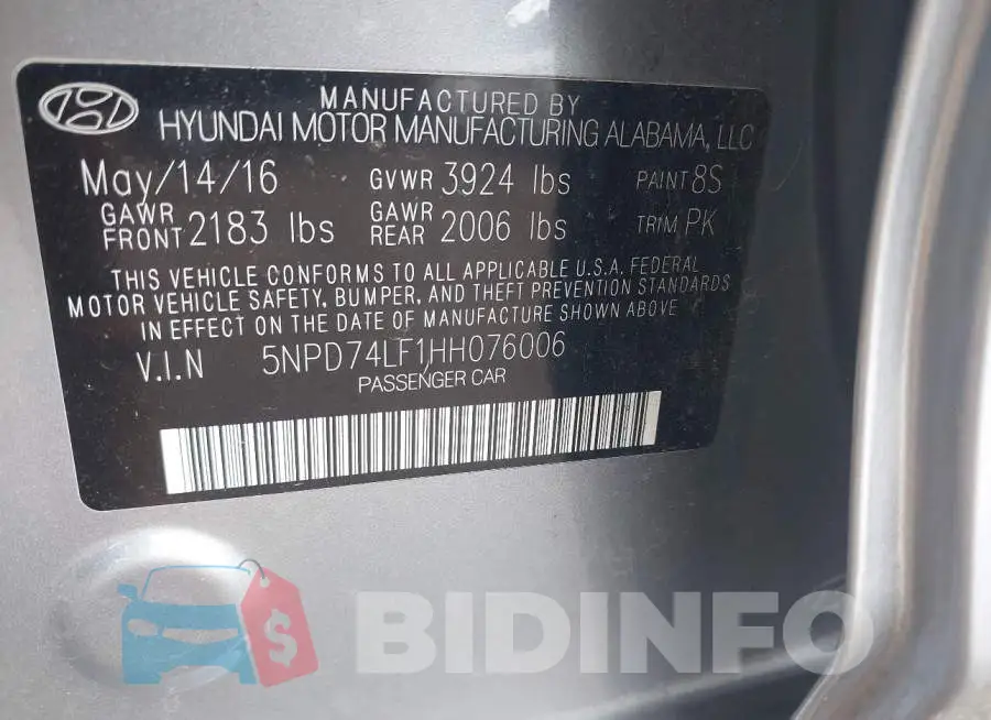 5NPD74LF1HH076006 Photo# 9