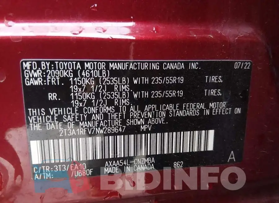 2T3A1RFV7NW289647 Photo# 9