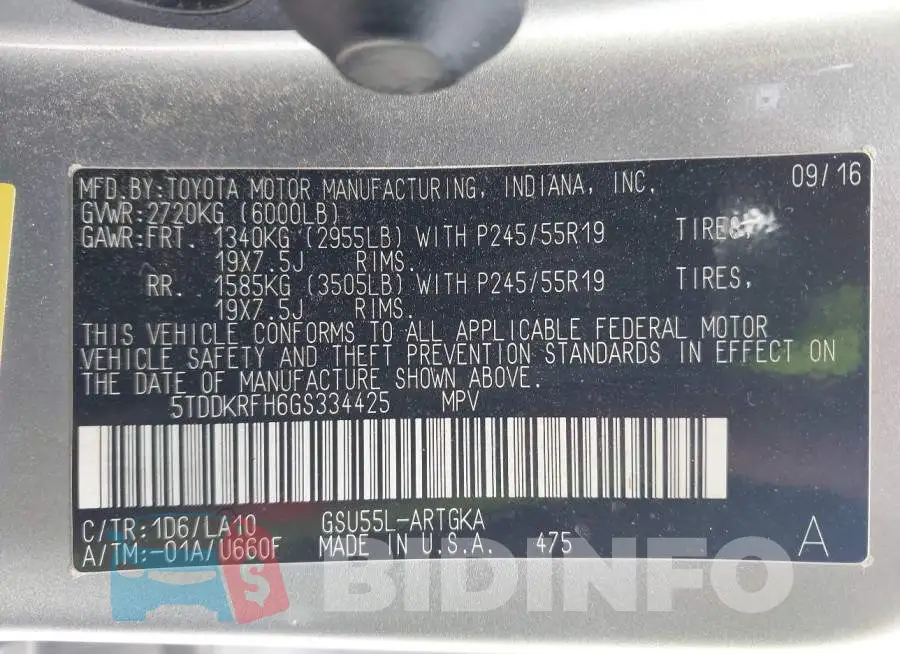 5TDDKRFH6GS334425 Photo# 9