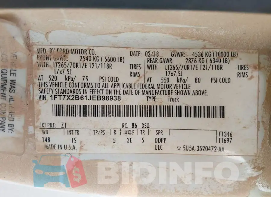 1FT7X2B61JEB98938 Photo# 9