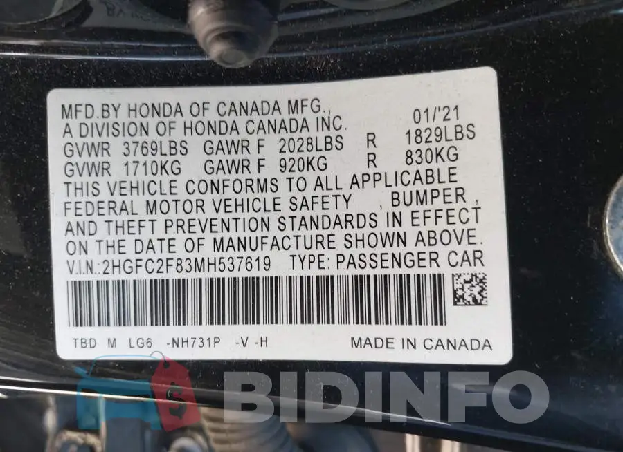 2HGFC2F83MH537619 Photo# 9