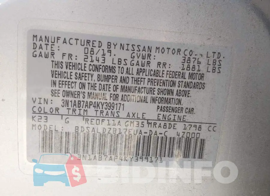 3N1AB7AP4KY399171 Photo# 9