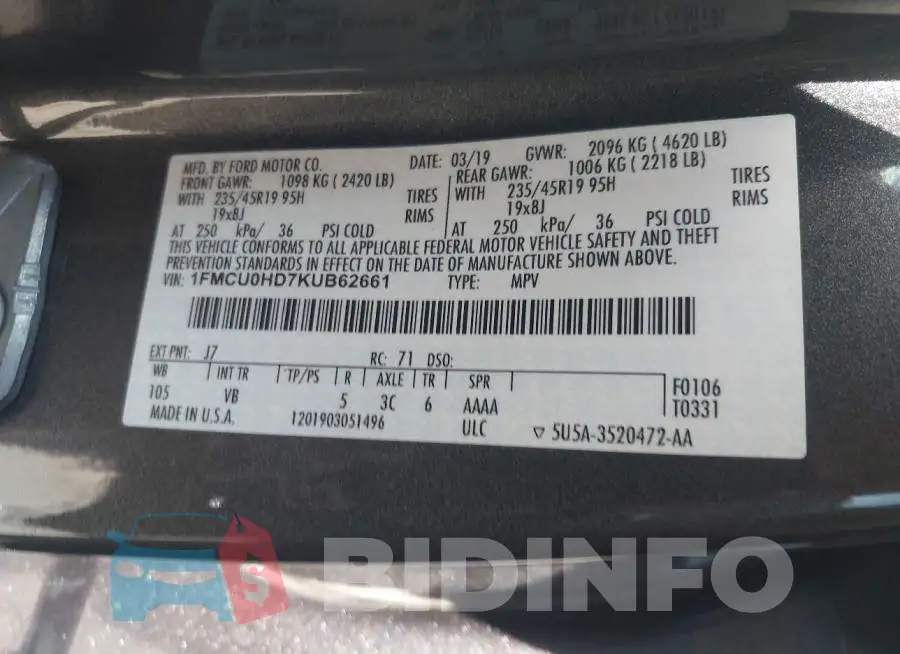1FMCU0HD7KUB62661 Photo# 9
