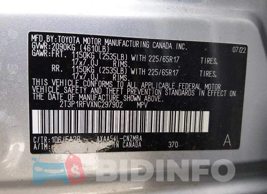 2T3P1RFVXNC297902 Photo# 9