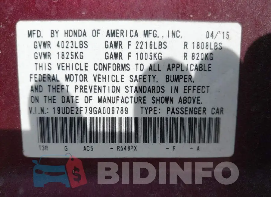 19UDE2F79GA006789 Photo# 9