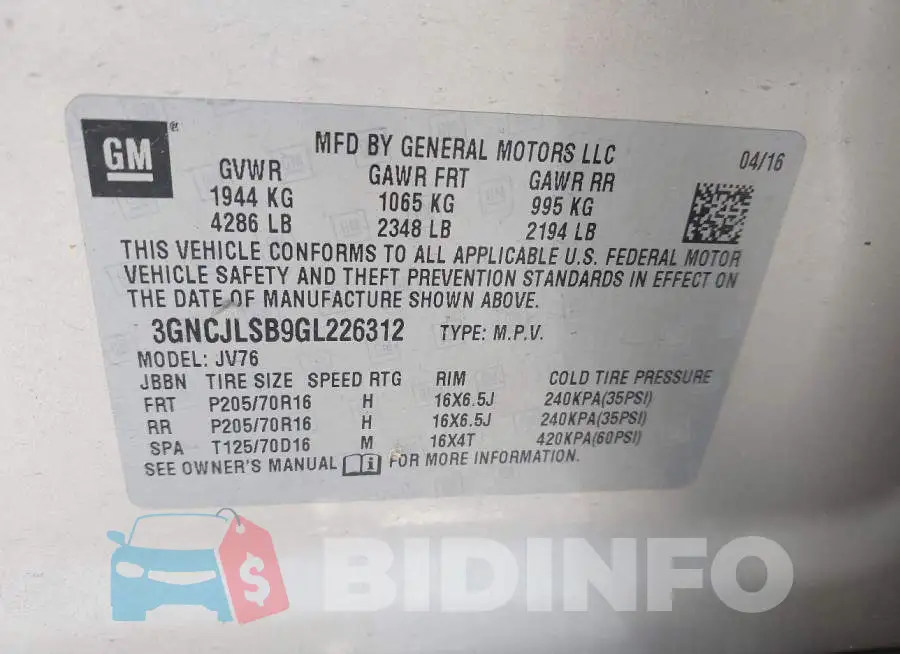 3GNCJLSB9GL226312 Photo# 9