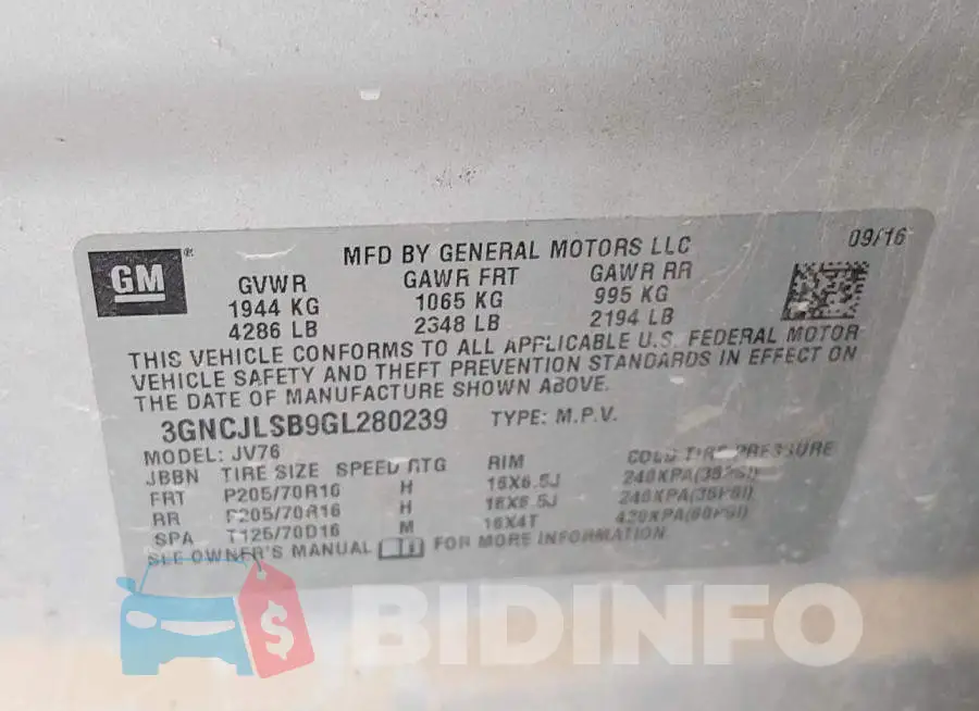 3GNCJLSB9GL280239 Photo# 9
