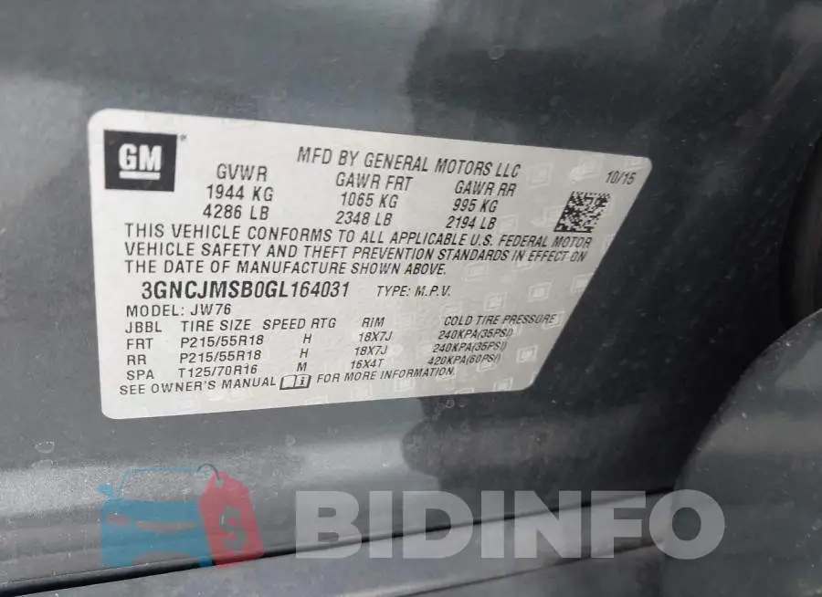 3GNCJMSB0GL164031 Photo# 9